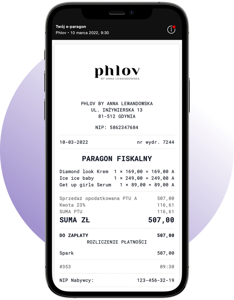 Wizualizacja e-paragonu fiskalnego dla marki Phlov